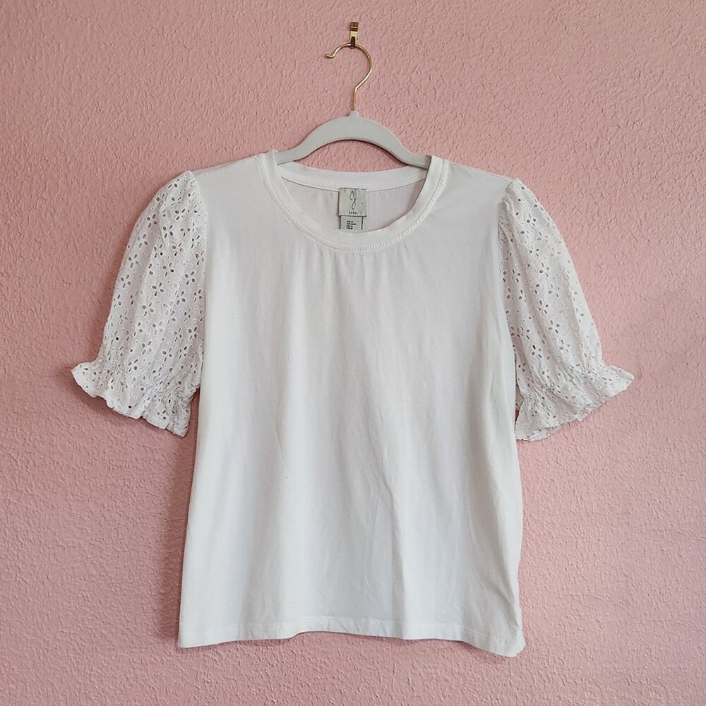 Joie White Eyelet Puff Sleeve Cotton Cottagecore Feminine Basic Tee Size M